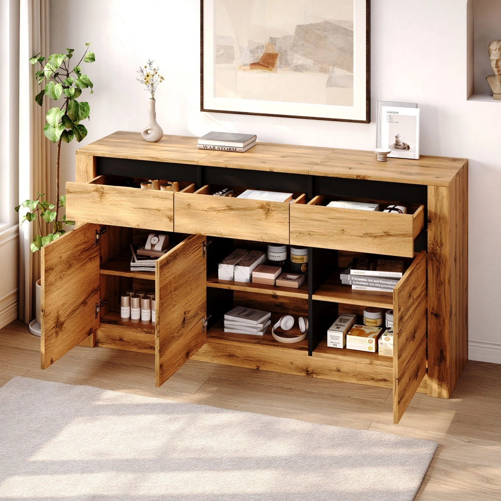 Credenza da sala da pranzo, mobile a tre ante, in truciolato, con 3 cassetti, color legno naturale