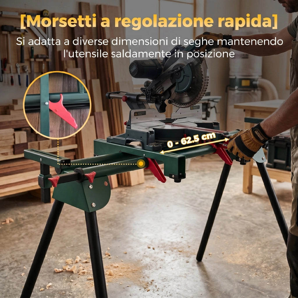 Supporto per Troncatrice con Bracci Regolabili, Gambe Pieghevoli, Altezza Regolabile, Capacit¨¤ 150 kg, Verde