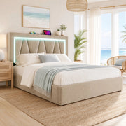 DESMIU Letto contenitore 160 × 200 cm 2 posti con USB, Type-C, LED regolabile e vano, senza materasso, beige