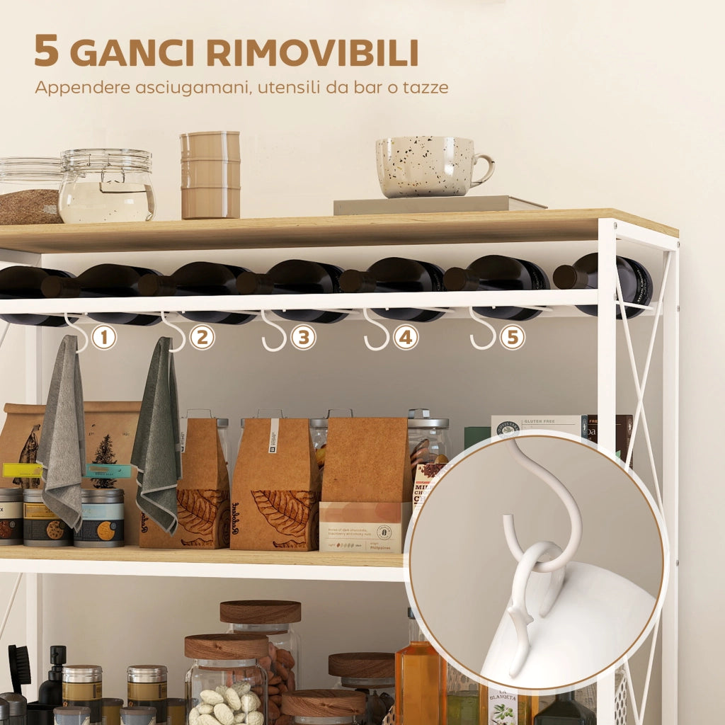 Carrello Portavivande 4 Ripiani ¨C Xylo ¨C Legno e Metallo con Portabottiglie e 5 Ganci, 96.5x38x96.7 cm