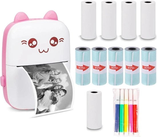 Stampante a Etichette Termiche con Ricarica USB Portatile Stampante Fotografica Bluetooth Senza Fili - Compatibile con Android iOS - 1 Rotolo di Carta Termica (Rosa)