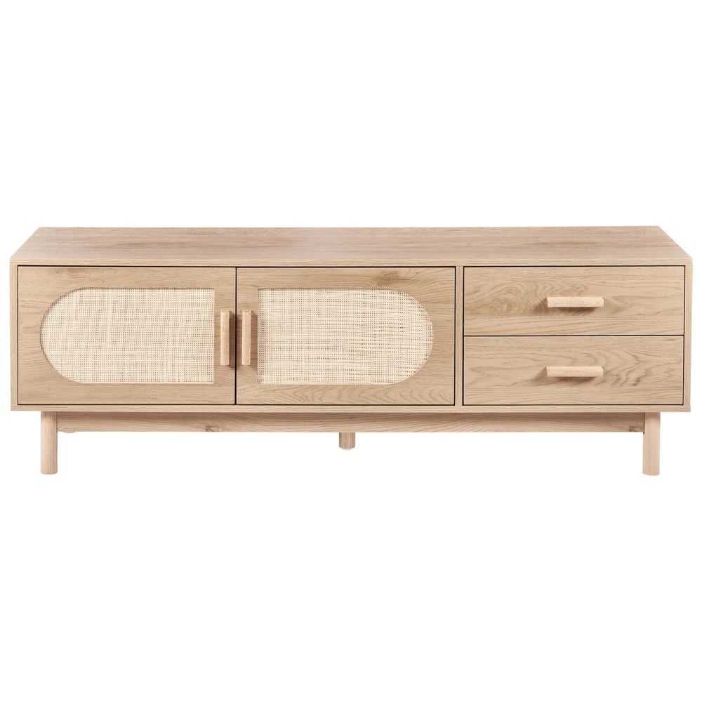 Mobile TV marrone chiaro in truciolato con frontale in rattan TV fino a 70ʺ Gambe in legno Stile boho Soggiorno