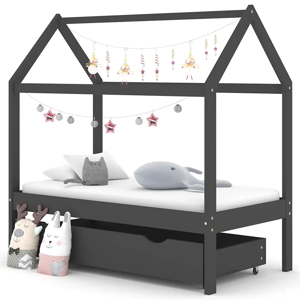 Giroletto Bambini | Letto Infantile | Lettino Cassetto Grigio Scuro Pino Massello 70x140 cm