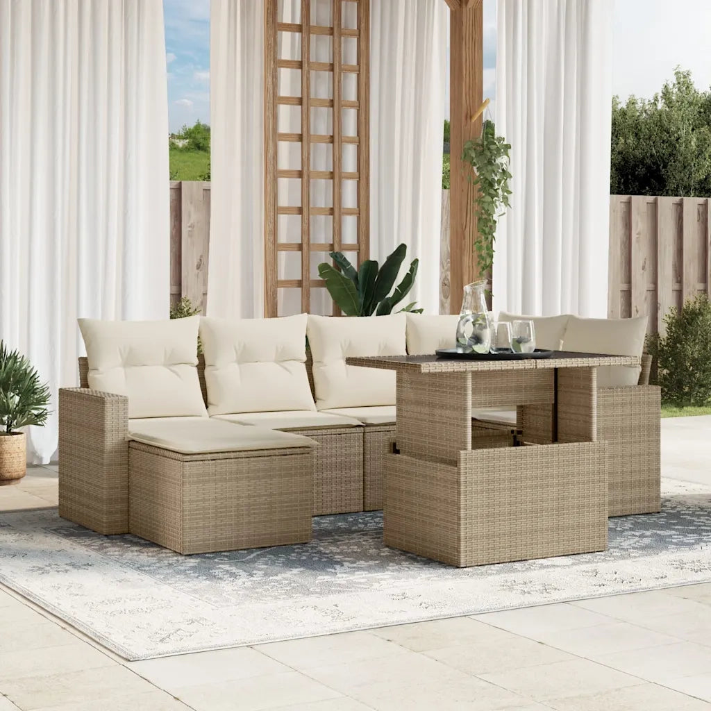 Set Divani da Giardino 7 pz con Cuscini Beige in Polyrattan