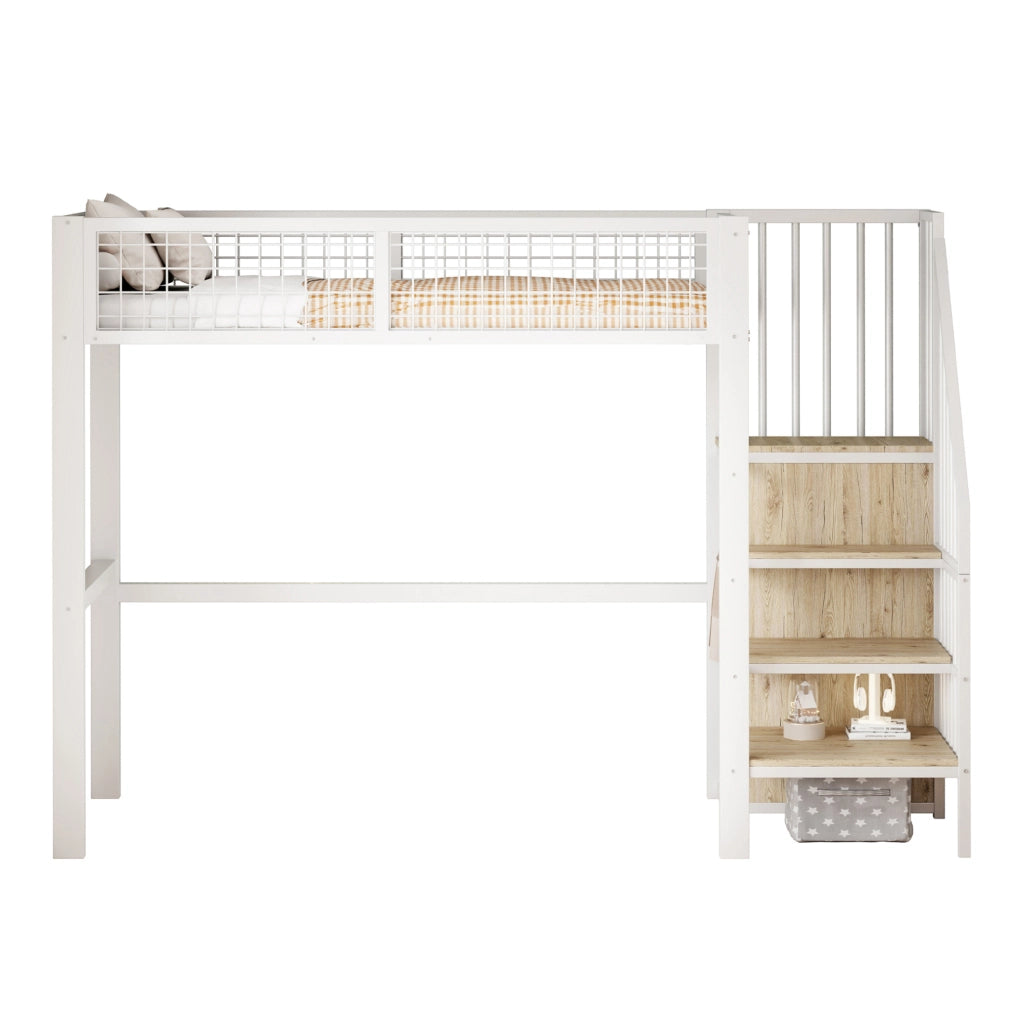 Letto a soppalco 90x200 cm in metallo bianco con scala di sicurezza e armadio integrato