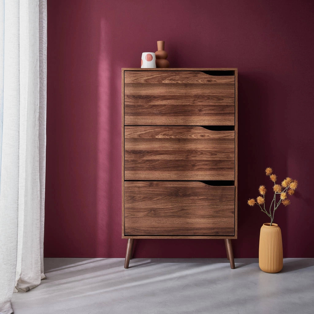 Scarpiera con decoro in legno, 3 ante, noce