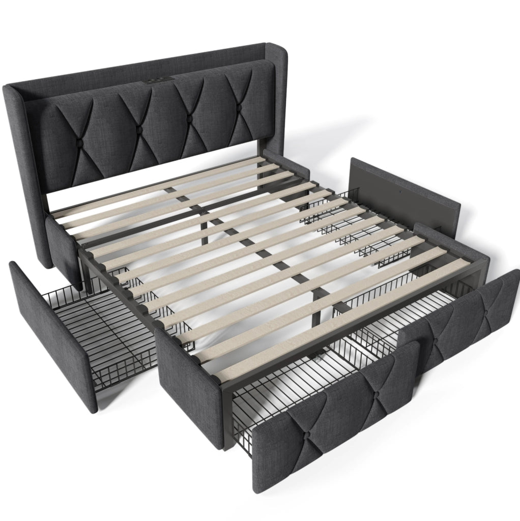 Letto imbottito 160x200 cm con USB; 4 cassetti; tessuto lino grigio