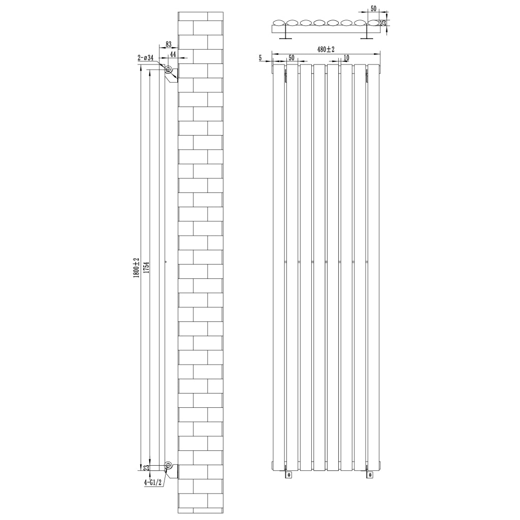 Radiatore Verticale Design Ovale Colonna Singola Antracite 1800x480 mm