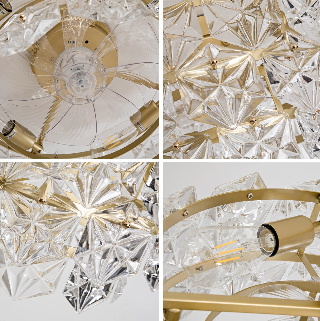 Ventilatore da soffitto con luce e cristalli; 52 cm; oro satinato in metallo e vetro