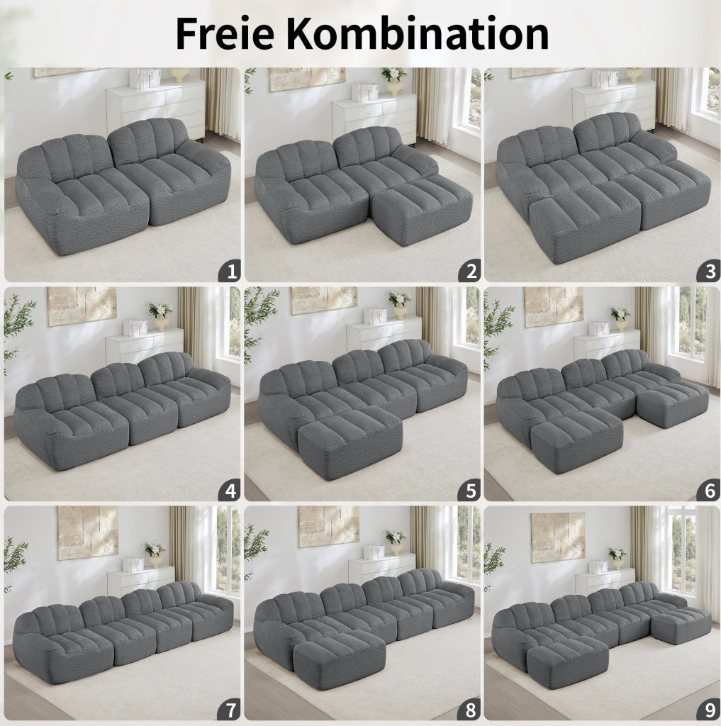 Divano modulare 4 posti configurabile a U in pile granulato grigio con schiuma 32D