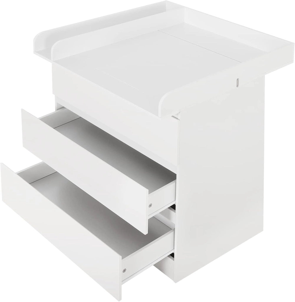 Cassettiera con Fasciatoio per Bambini, Cassettiera a 3 Cassetti, Fasciatoio con Divisorio Rimovibile, in MDF, Truciolare e Metallo, Bianco+Bianco Lucido
