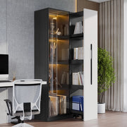 Vetrina multifunzione 70x40x160 cm con LED, ante in vetro e contenitore laterale, nero/bianco