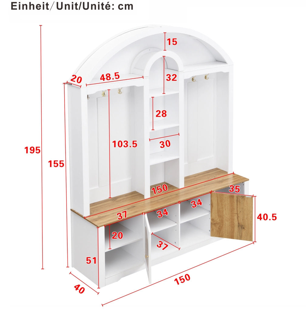 Armadio guardaroba ingresso 150x40x195 cm bianco in MDF, ganci e ripiani