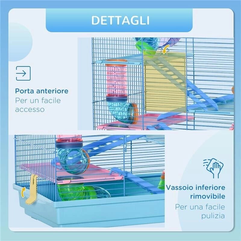GABBIA PER CRICETI E RODITORI A 5 PIANI CON TUBI COLORATI, RUOTA, CASETTA E ACCESSORI INCLUSI, BLU, 47X30X59CM