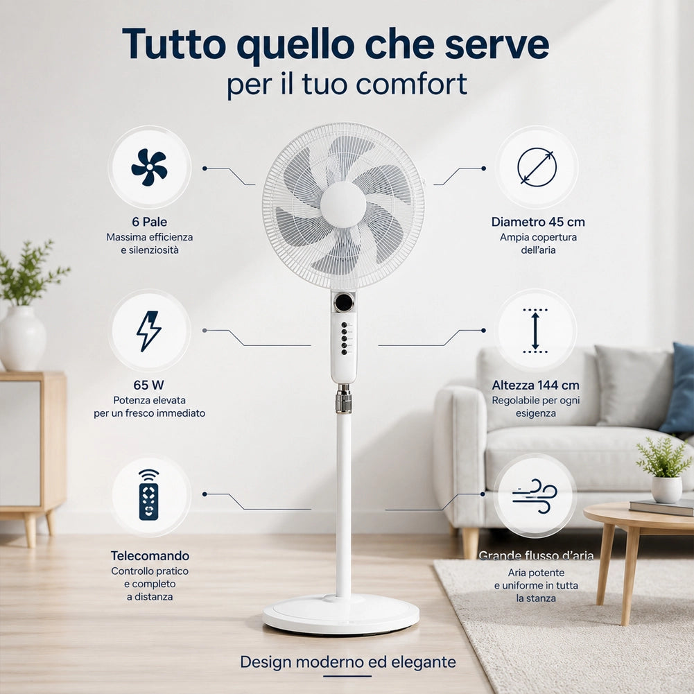 Ventilatore a Piantana con Telecomando e 6 Pale Altezza 144 cm 65W Diametro 45cm