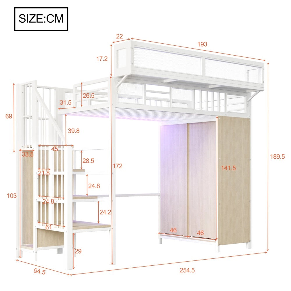 Letto a Soppalco con Armadio e LED ¨C MINIMAL ¨C Metallo Bianco 90x200