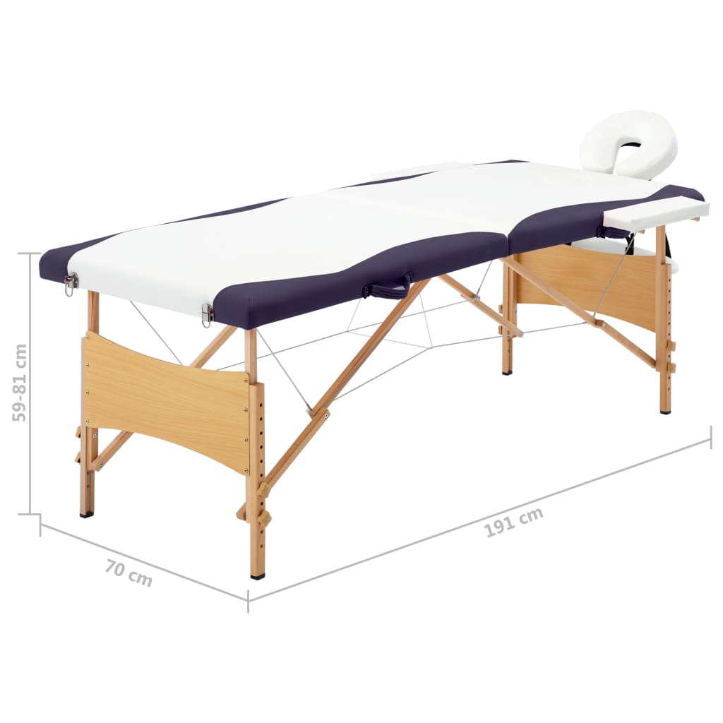 Lettino da massaggio pieghevole lettino da massaggio panca divano terapia cosmetica portatile professionale Shiatsu Reiki 2 zone legno bianco e viola 02_0001812