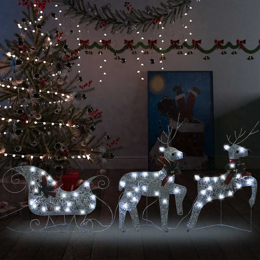 Renne e Slitta di Natale Decorazione per Esterni 60 LED Argento 289978