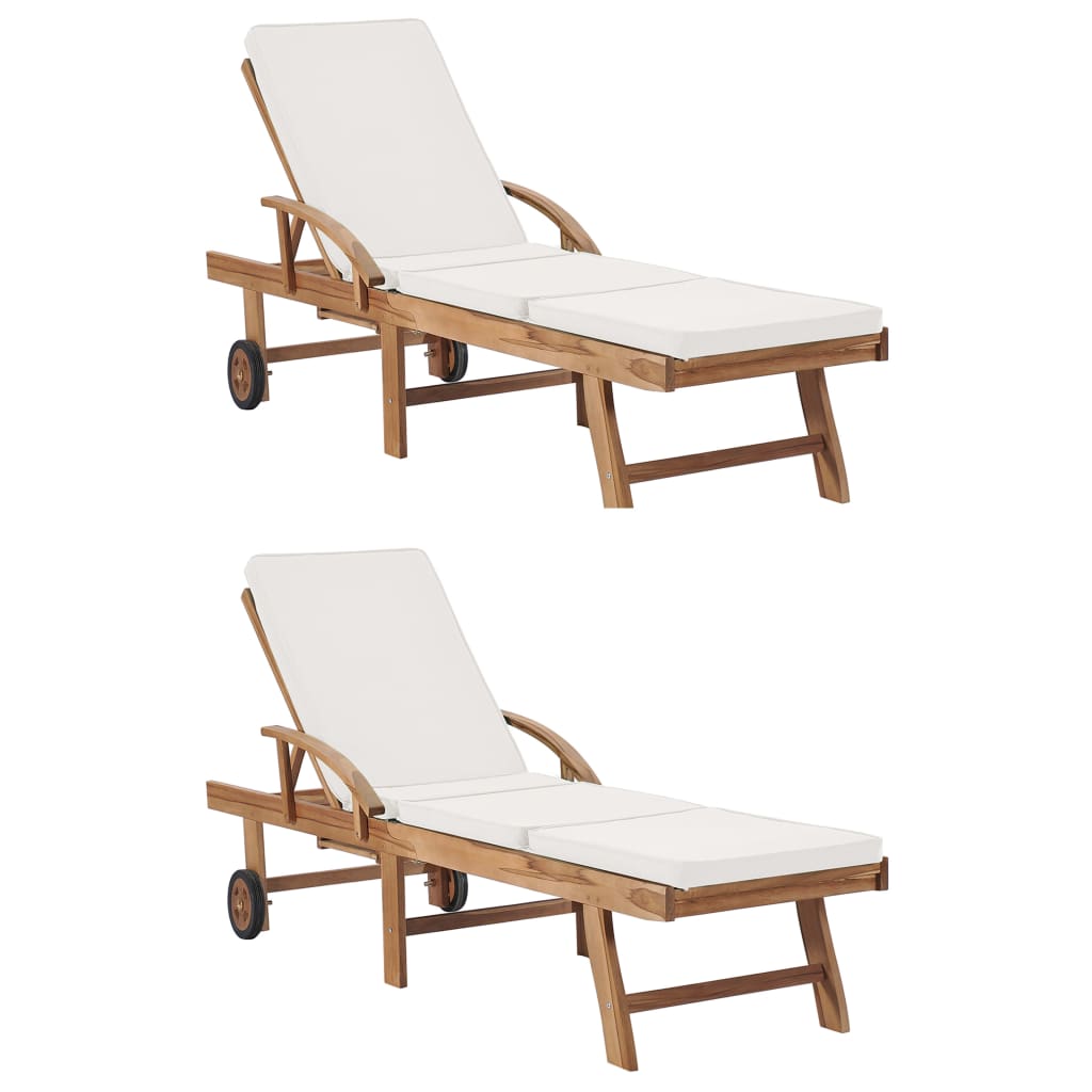 Set di 2 sdraio sdraio prendisole lettino da giardino terrazza mobili da esterno con cuscini legno massello di teak crema 02_0012154