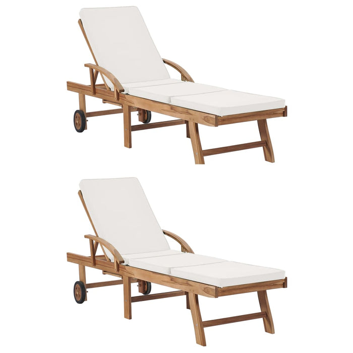 Set di 2 sdraio sdraio prendisole lettino da giardino terrazza mobili da esterno con cuscini legno massello di teak crema 02_0012154