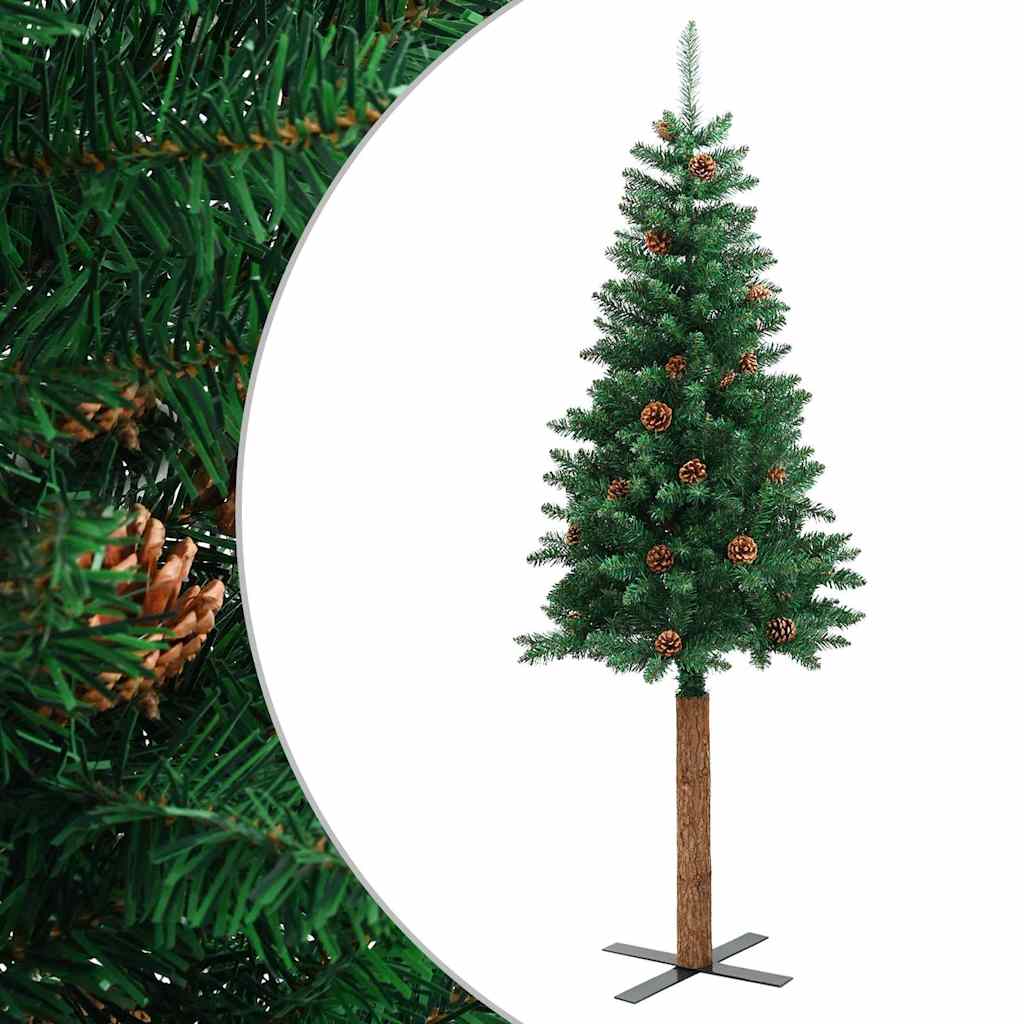 Albero di Natale Sottile con Legno Vero e Pigne Verde 150cm PVC 320957
