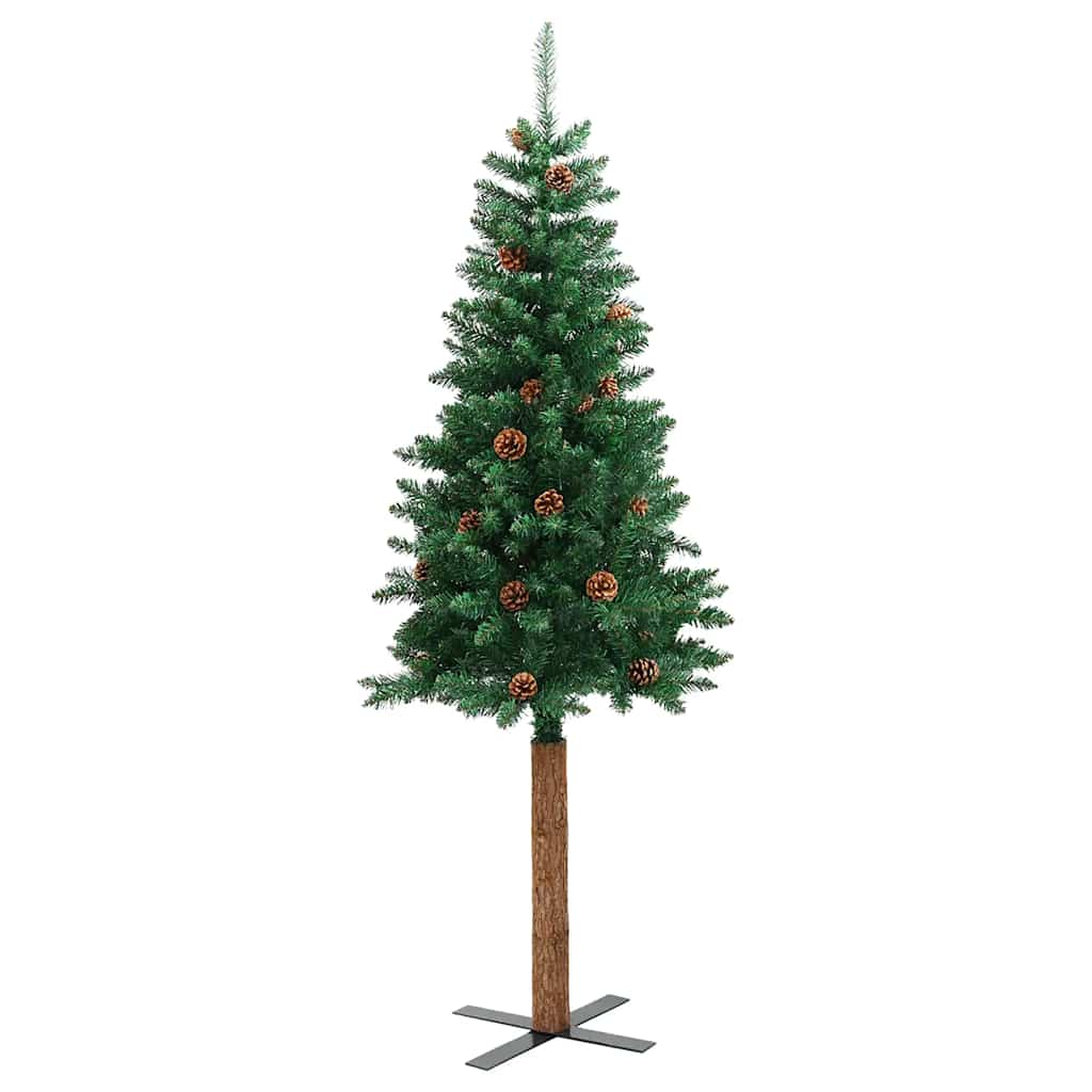 Albero di Natale Sottile con Legno Vero e Pigne Verde 150cm PVC