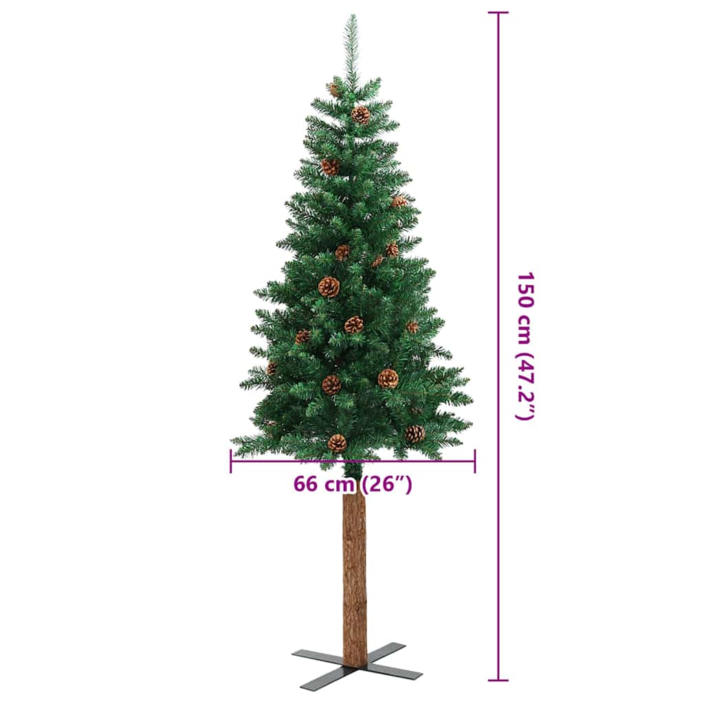 Albero di Natale Sottile con Legno Vero e Pigne Verde 150cm PVC