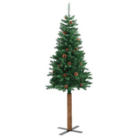 Albero di Natale Sottile con Legno Vero e Pigne Verde 180cm PVC