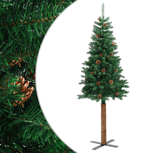 Albero di Natale Sottile con Legno Vero e Pigne Verde 210cm PVC 320959