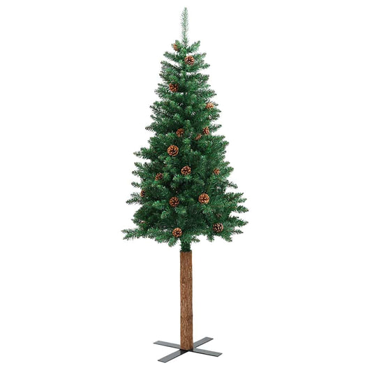 Albero di Natale Sottile con Legno Vero e Pigne Verde-Albero Natalizio-Decorazioni natalizie 210cm PVC
