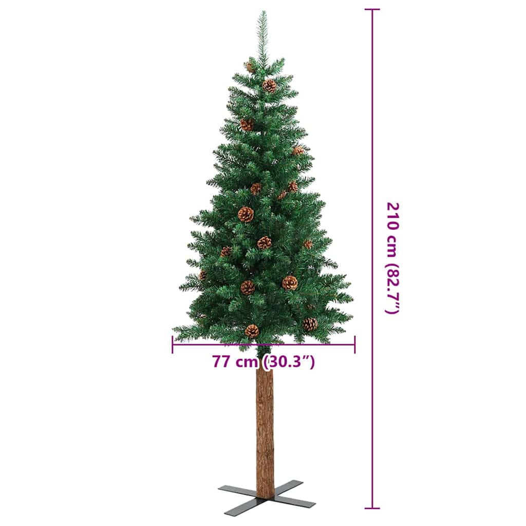 Albero di Natale Sottile con Legno Vero e Pigne Verde 210cm PVC 320959