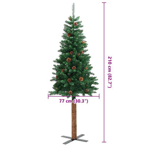 Albero di Natale Sottile con Legno Vero e Pigne Verde 210cm PVC
