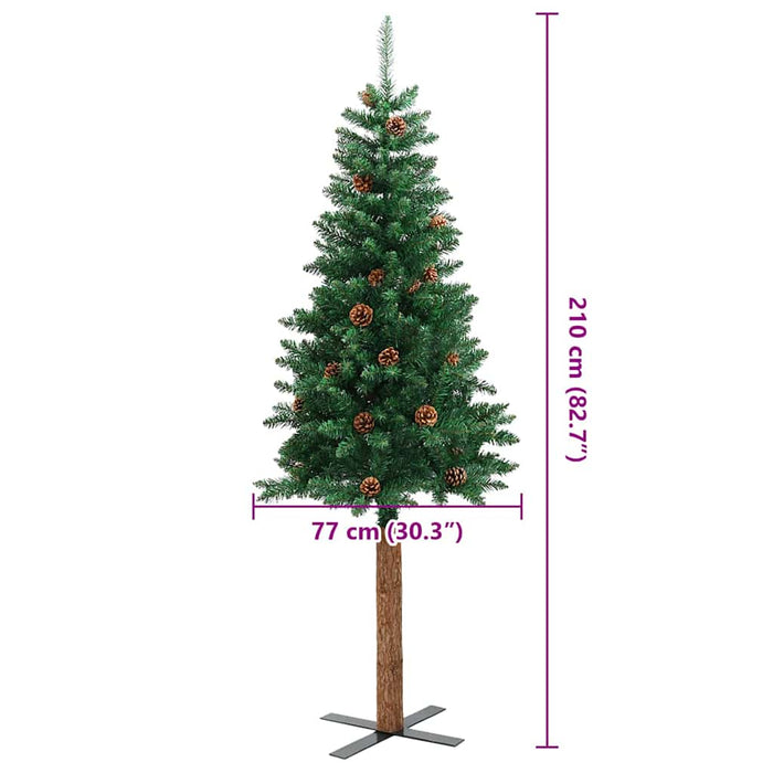Albero di Natale Sottile con Legno Vero e Pigne Verde 210cm PVC