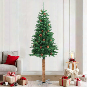 Albero di Natale Sottile con Legno Vero e Pigne Verde 210cm PVC 320959