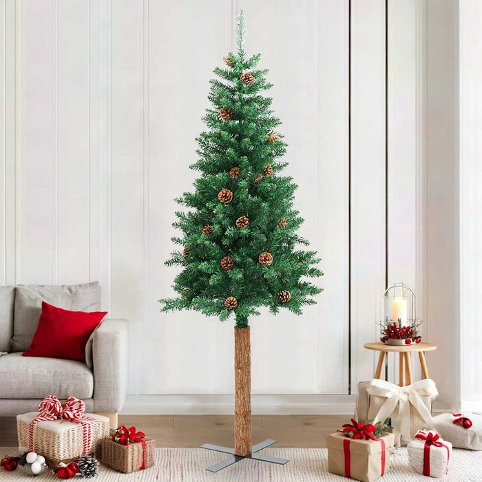 Albero di Natale Sottile con Legno Vero e Pigne Verde 210cm PVC 320959