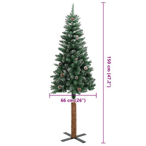 Albero di Natale Sottile Legno Vero Verde con Neve Bianca 150cm