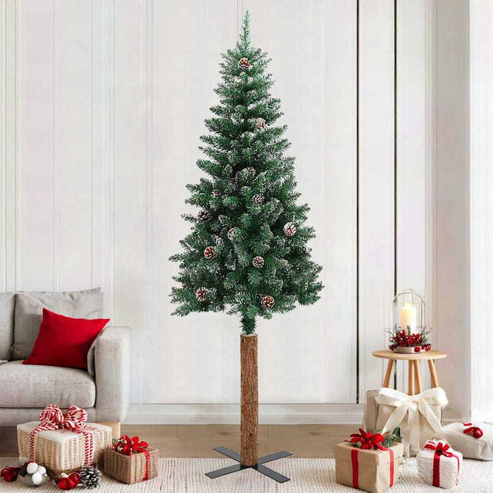 Albero di Natale Sottile con Legno Vero e Neve Verde 210 cm 320962