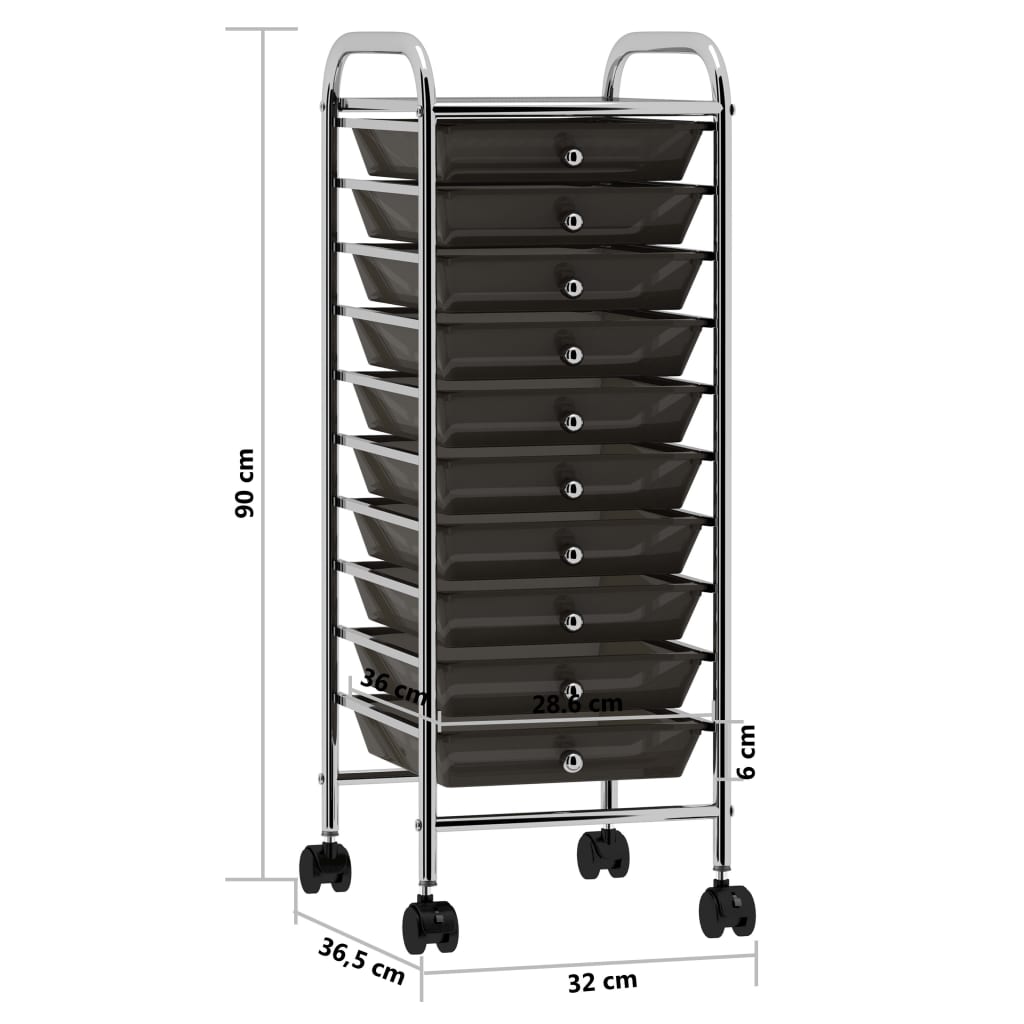 Carrello Portaoggetti Mobile con 10 Cassetti Nero in Plastica 320402