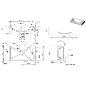 Lavabo-Lavandino-Lavello 400x220x90 mm in SMC Bianco