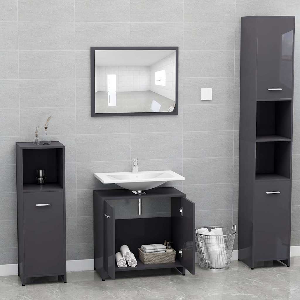 Set Mobili da Bagno Grigio Lucido in Legno Multistrato 802587