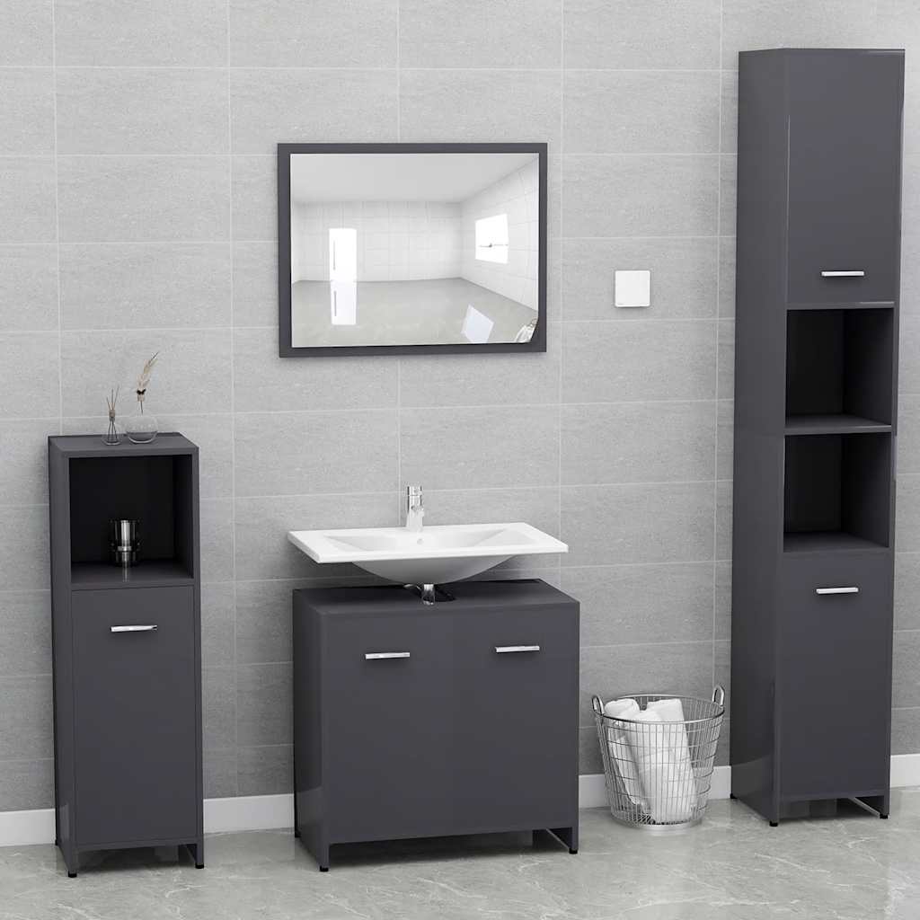 Set Mobili da Bagno Grigio Lucido in Legno Multistrato 802587