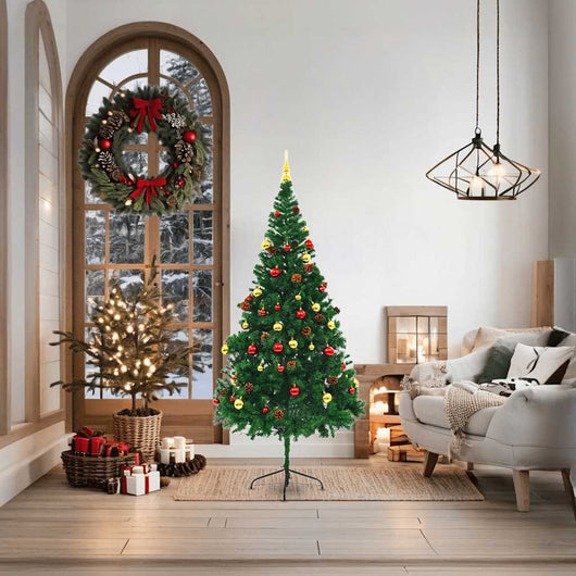 Albero di Natale Preilluminato con Palline-Albero Natalizio-Decorazioni natalizie Verde 180 cm