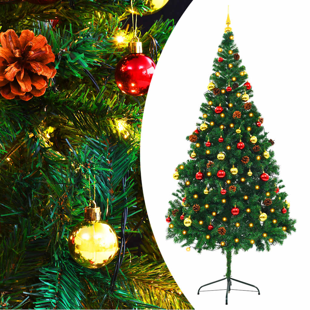 Albero di Natale Artificiale con Palline e LED 210 cm Verde