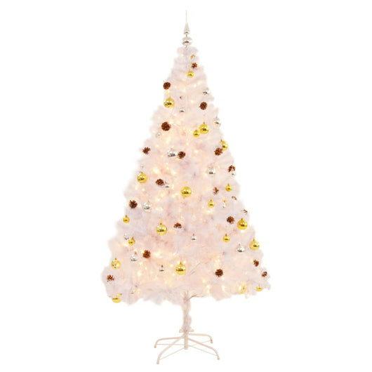 Albero di Natale Preilluminato con Palline-Albero Natalizio-Decorazioni natalizie Bianco 210 cm