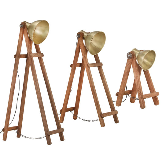 Lampade da Pavimento 3 pz Ottone E27 Legno Massello di Mango 320592