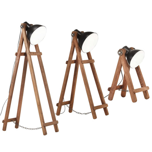 Lampade da Pavimento 3 pz Nere E27 in Legno Massello di Mango 320593
