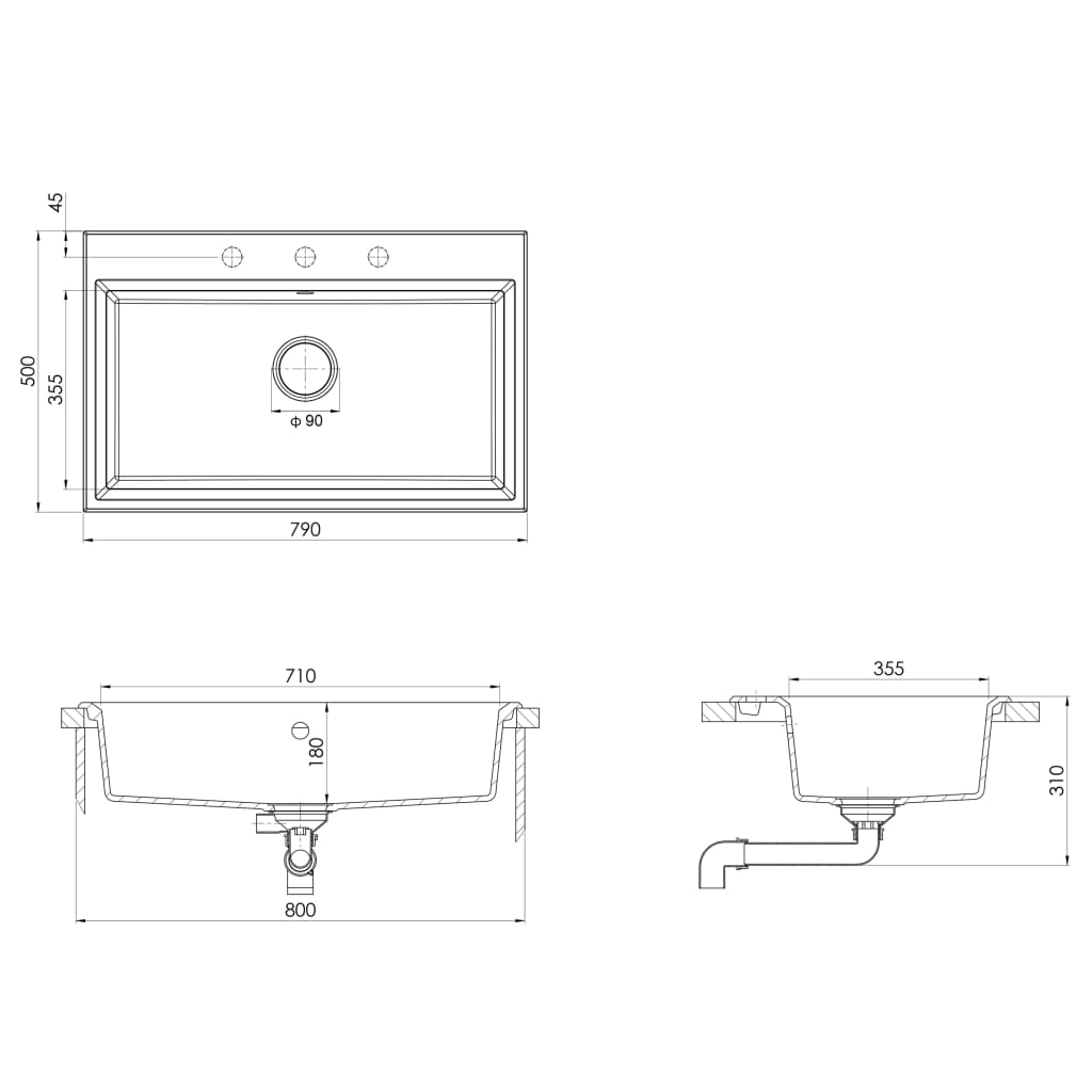 Lavello da cucina con foro troppo pieno Granito Nero 02_0002373