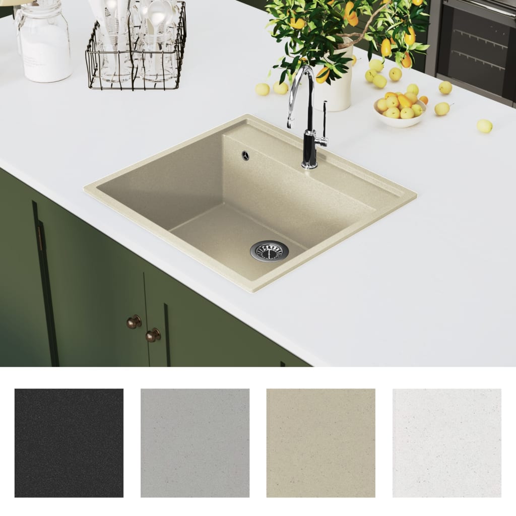 Lavello da Cucina con Foro Troppopieno-Lavandino-Lavabo Beige in Granito
