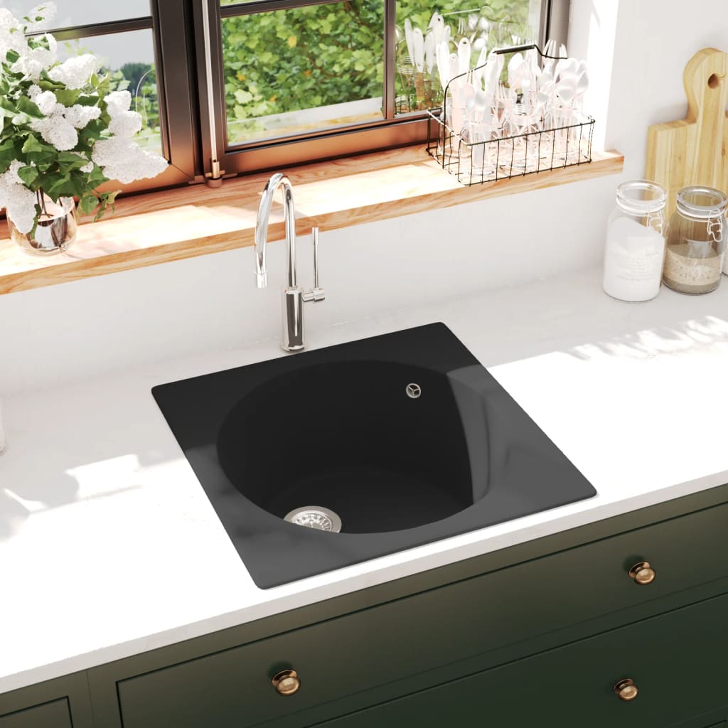 Lavello da Cucina con Foro Troppopieno-Lavandino-Lavabo Nero in Granito 963481