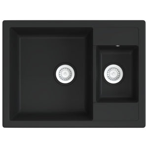 Lavello da Cucina Doppio con Foro Troppopieno-Lavandino-Lavabo Nero in Granito